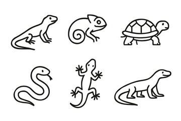 Outline icons of reptiles: gecko, lizard, turtle, snake, chameleon