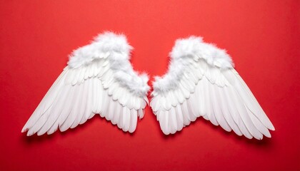 Fototapeta premium White angel wings spread open against bright red background with layered feathers symbolizing purity divinity and emotional intensity for fantasy and symbolic visuals