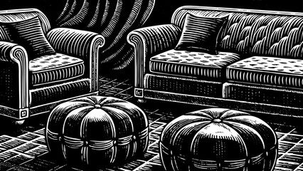 detailed of hand-drawn decorative sofas and classic furniture pieces with soft cushions, illustrated for interior design inspiration, home decoration concepts, creative styling ideas, and artistic