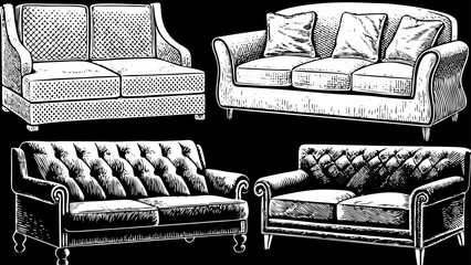 detailed set of hand-drawn decorative sofas and classic furniture pieces with soft cushions, illustrated for interior design inspiration, home decoration concepts, creative styling ideas, and artistic