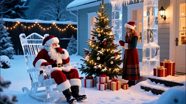 Ded Moroz sits outside in a sculpted ice rocking chair, relaxed and smiling