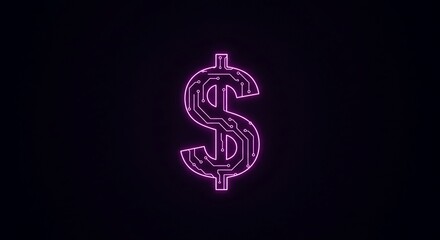 Stunning neon dollar sign with integrated circuit design glows vibrantly against a dark background, symbolizing digital finance and fintech innovation
