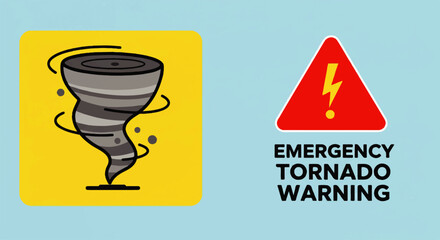Emergency tornado warning poster vector with tornado icon, red warning sign and simple background