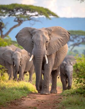 African elephants walking on a dirt path in a savanna