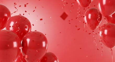 Red balloons and confetti on red background, creating a festive and celebratory mood, ideal for invitations, banners, or celebratory marketing