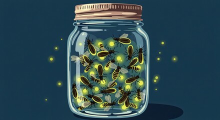 Glowing Fireflies Filling Glass Jar on Dark Blue Background