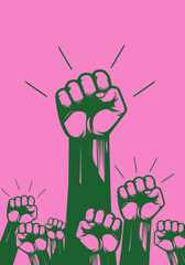 Raised arm fist theme for Demonstration, revolution, protest Fight for Your Rights in pink and green theme colour