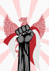Raised arm fist hold red and white flag with Garuda silhouette background for heroic national day in Indonesia