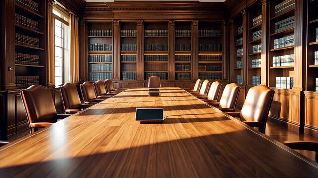 Classic wooden boardroom with long polished table leather chairs and shelves full of books in bright sunlight