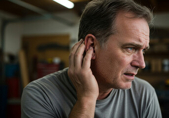 Concerned man holding ear in a garage, showing hearing loss or ear pain, worry and distress