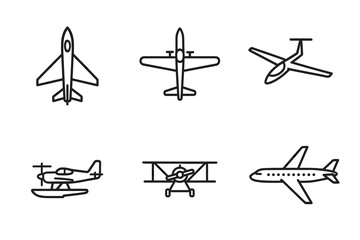 Outline icons of various airplanes: jet, glider, seaplane, biplane, commercial aircraft