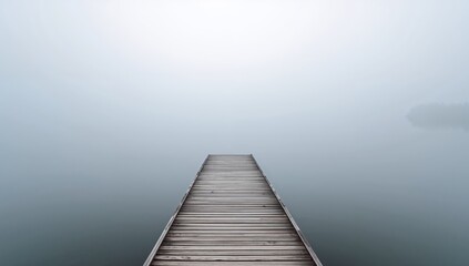 Obraz premium Pier into the Mist. A Serene Journey on a Foggy Lake, Leading into the Unknown.