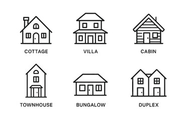 Modern house types: cottage, villa, cabin, townhouse, bungalow, and duplex icons