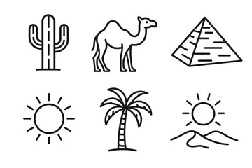Desert icons: cactus, camel, pyramid, sun, and palm tree in simple line art
