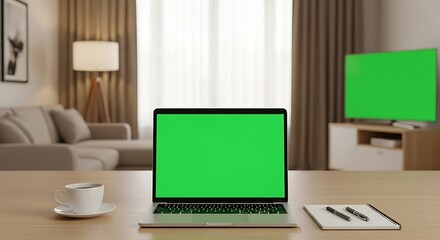 Modern Living Room with Laptop and TV Displaying Green Screen Content