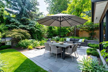 Modern backyard garden with adjustable parasol over outdoor dining set