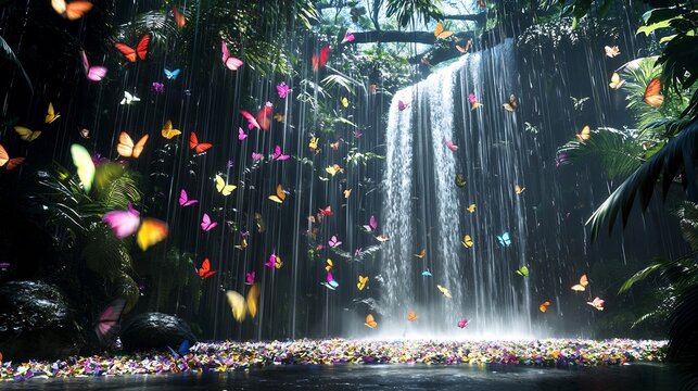 Breathtaking waterfall a lush rainforest with vibrant butterflies fluttering through the air cinematic nature beauty