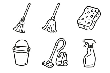 Cleaning tools: broom, mop, sponge, bucket, vacuum, spray bottle outline icons
