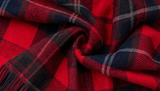 Red and Navy Blue Wool Plaid Scarf, Draped to Show Texture and Pattern Detail.