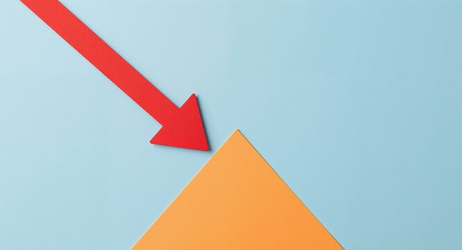 Red Arrow Pointing Down at Orange Triangle on Blue Background. Business Downturn.