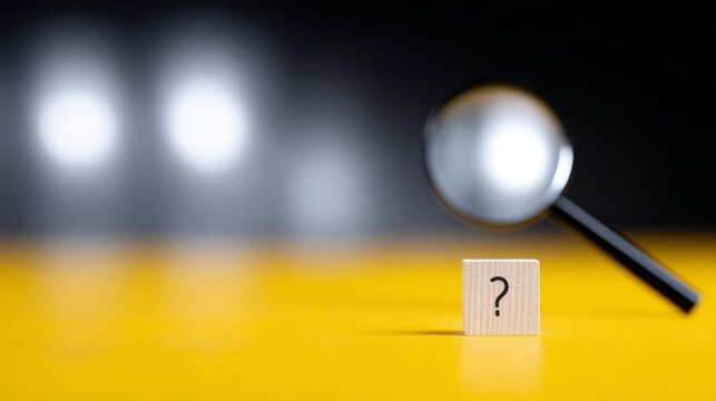 A magnifying glass hovers over a question mark on a bright yellow surface. This image evokes curiosity and discovery. It is perfect for educational and inquiry-based themes. AI.