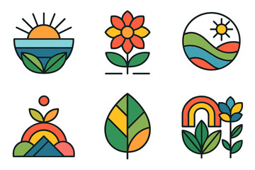 Naklejka premium Colorful nature-themed icon set featuring sun, flower, leaf, rainbow designs in modern style