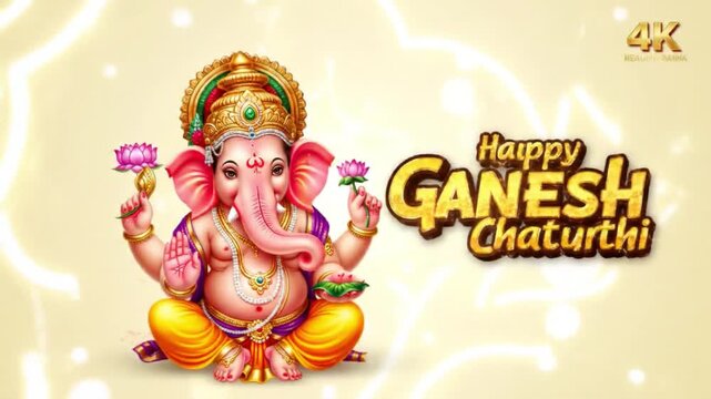 Digital illustration of Ganesha sitting in a meditative pose with pink flowers on a yellow background with Happy Ganesh Chaturthi text