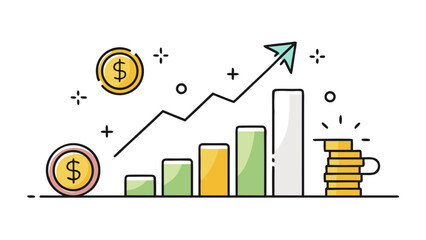 Bar chart with arrow and coins representing financial growth and economic success