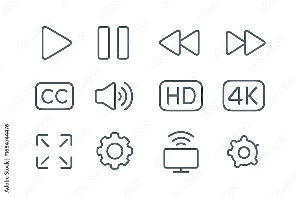 Poster icons representing media control functions in a digital interface for high-definition video playback