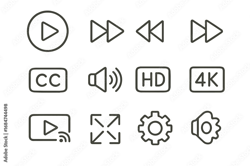 Poster collection of video player interface icons with playback controls, viewing options, and audio settin