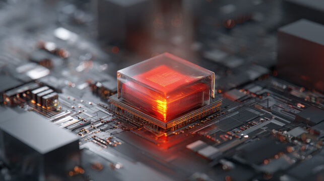 Artistic red glowing CPU smoking on motherboard surrounded by digital glitch effects representing critical tech breakdown