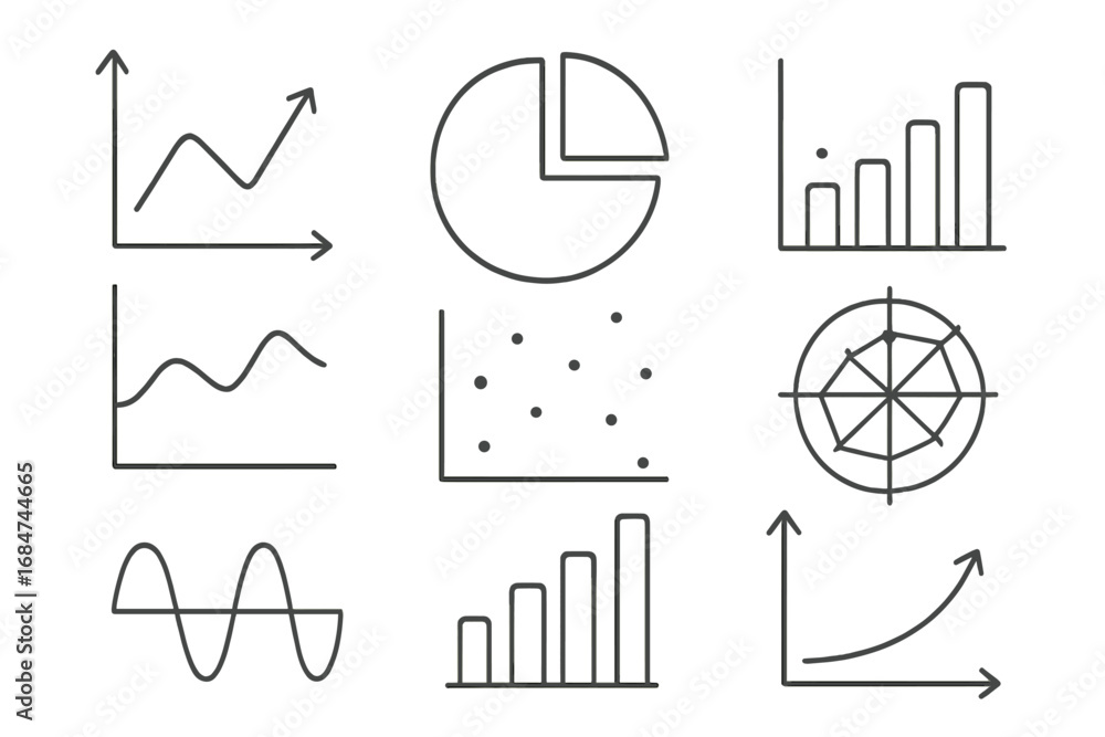 Poster collection of various data visualization elements including graphs, charts, and plots in a minimalis