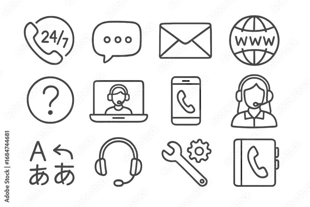 Poster set of customer support and communication icons featuring various tools and symbols for assistance a
