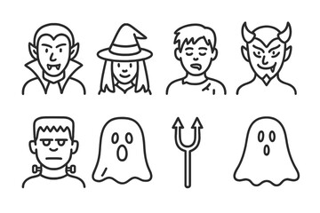 Halloween themed character illustrations featuring vampires, witches, ghosts, and more in a fun design
