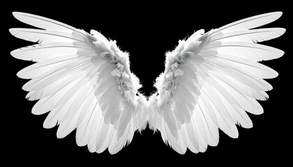 Symmetrical white wings with layered feathers spread open against black background symbolizing purity divinity and flight for spiritual and fantasy-themed design