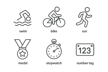 Triathlon icons: swim, bike, and run in minimalist black and white line style