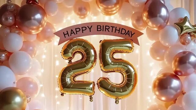 Gold 25 foil balloons with pink HAPPY BIRTHDAY banner, rose-gold balloon arch and string lights on elegant party backdrop  
