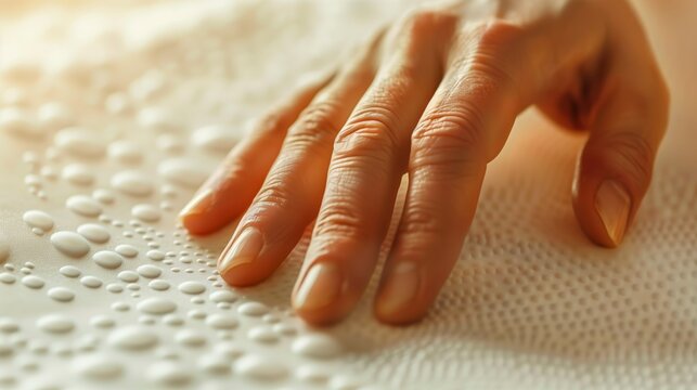 Blindness Awareness Month. Close-up of gentle hands reading braille text on white paper, soft natural window lighting, ultra-realistic macro photography, sharp focus on fingertips and raised dots