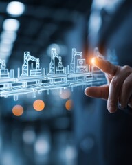 Industrial manager pointing at glowing holographic factory floor layout, symbolizing automation and process optimization.