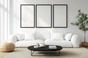 Fototapeta premium The Scandinavian aesthetic is evident in this living room, which boasts white furniture and subtle black accents, bathed in a warm and inviting natural light