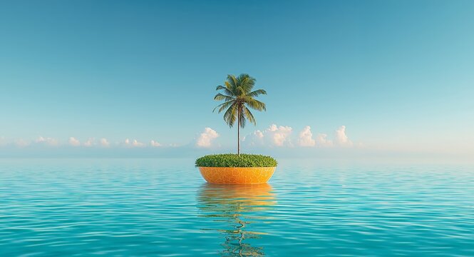 Serene Tropical Island Oasis. Palm Tree on a Floating Island in Turquoise Water.