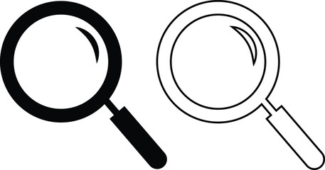 Search icon set collection group in black flat and line style, magnifying glass symbol pack, zoom find explore tool bundle, isolated on transparent background, outline glyph design elements