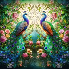Vibrant stained glass design of a peacock with intricate tail feathers in rich blue, green and gold tones, isolated on white background for decor use.