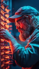 Man with beard and glasses working with electronics and wires in a dark room with red and blue lights