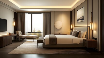 Modern hotel bedroom interior with large window and bed