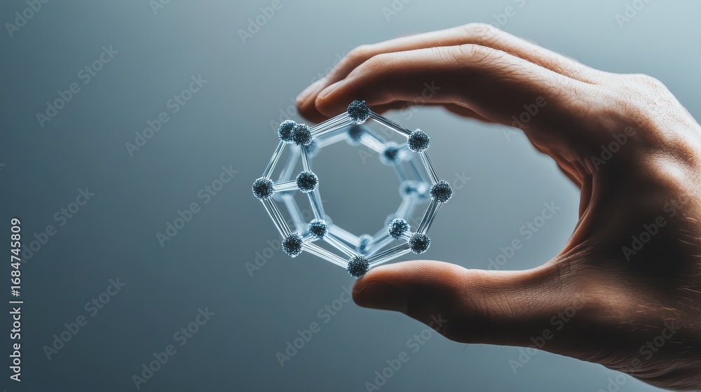 Poster a hand holds a small metallic molecular structure against a blurred gray background. the structure h