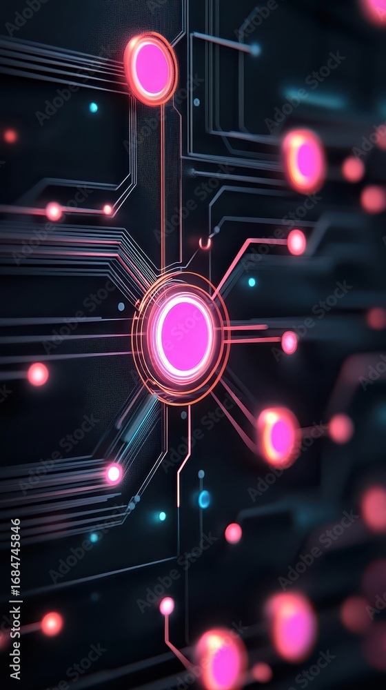 Poster digital circuits with glowing pink nodes and pathways, abstract technology network.