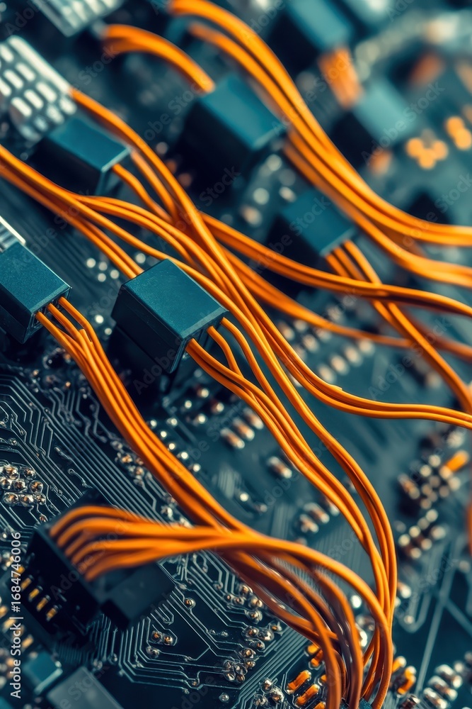 Poster electronic circuit board with colorful orange wires connecting dark blue components close up view of