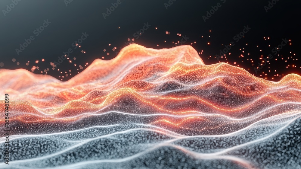Poster Abstract glowing energy waves with shimmering particles creating a dynamic landscape.