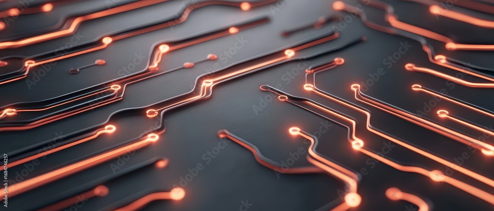 Poster abstract technological circuit with glowing orange lines and nodes on a dark textured background, cl